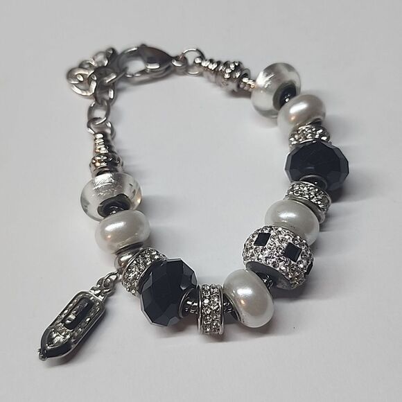 Silver tone bracelet beads ship boat dangle charm rhinestones black 7.5" - Picture 1 of 2